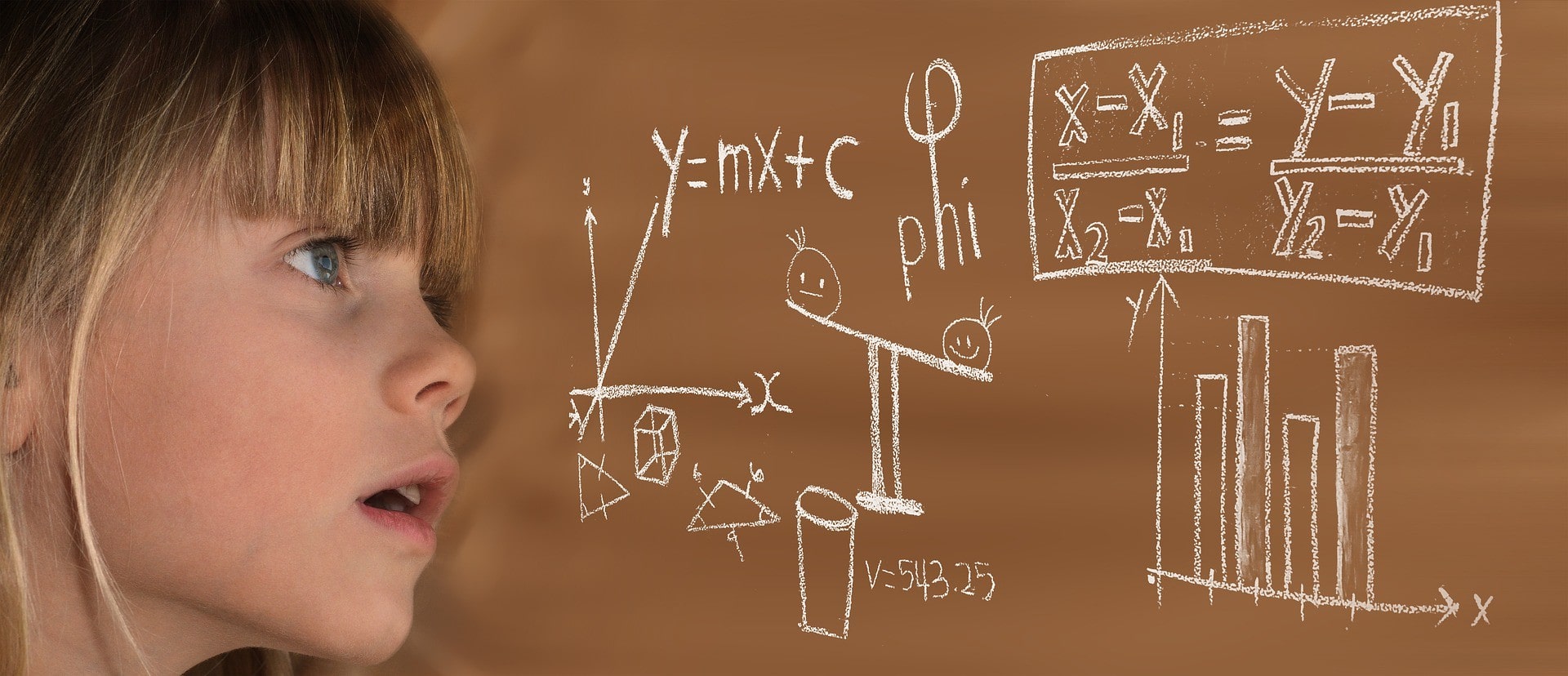 A kid looking exciting on a board with symbols
